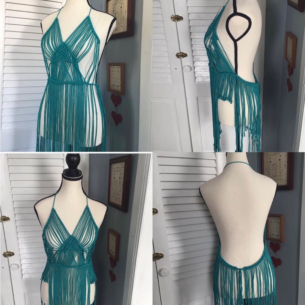 Handmade Teal Fringe Halter Beach Macrame Dress